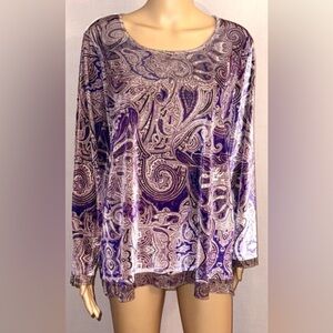 Chico's Purple Crushed Velvet Scoop Neck Paisley Print Rhinestones Top Sz. 2 (L)